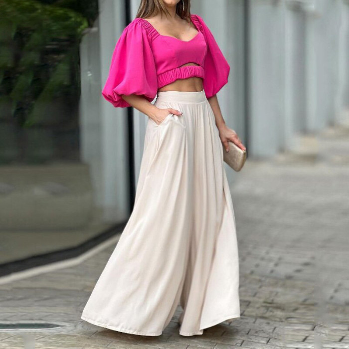 Women's Temperament Pure Color Puff Sleeve Top Wide Leg Pants Fashion Casual  Two Pieces