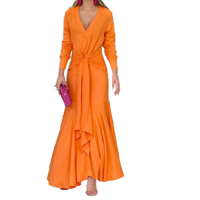 Elegant Solid Color V Neck Ruffle Waist Long Sleeve Maxi Dress