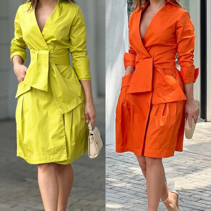 New Women's Suit Dress Fashion Commuter Solid V-Neck Lace-up Midi Dress