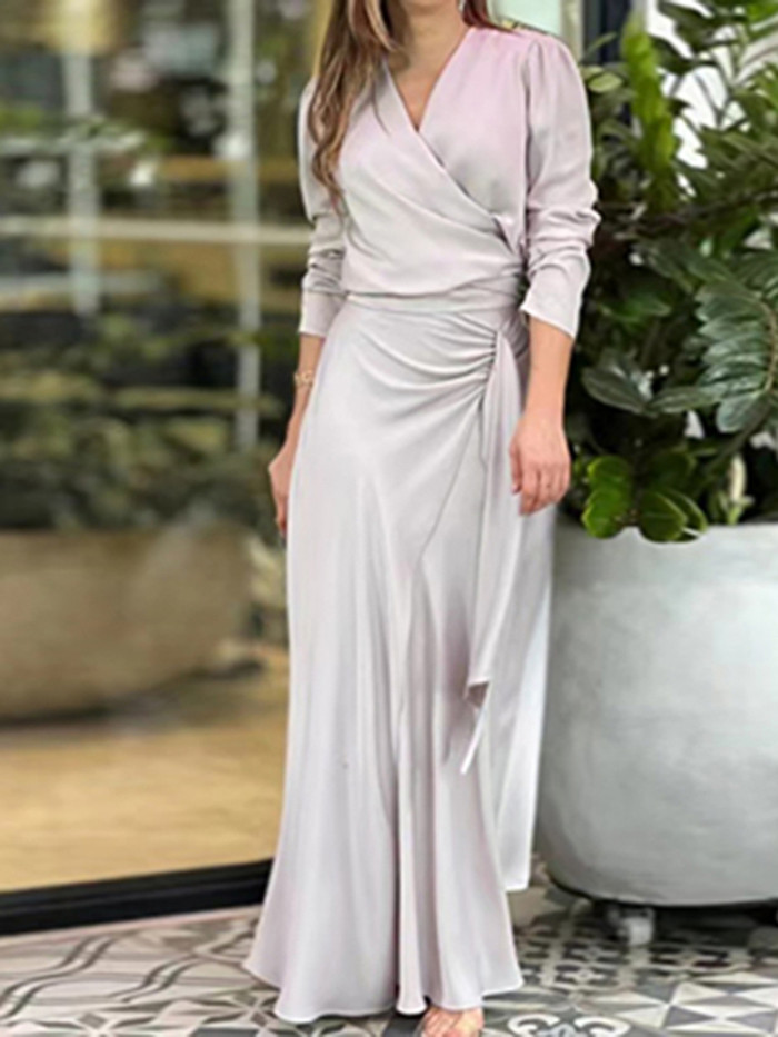 Trendy Pleated Irregular Elegant Solid Color Sexy V Neck Party  Maxi Dress
