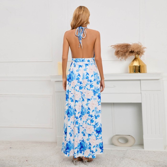 Women's Elegant Beach Floral Sleeveless Pocket Casual Loose Maxi Dress