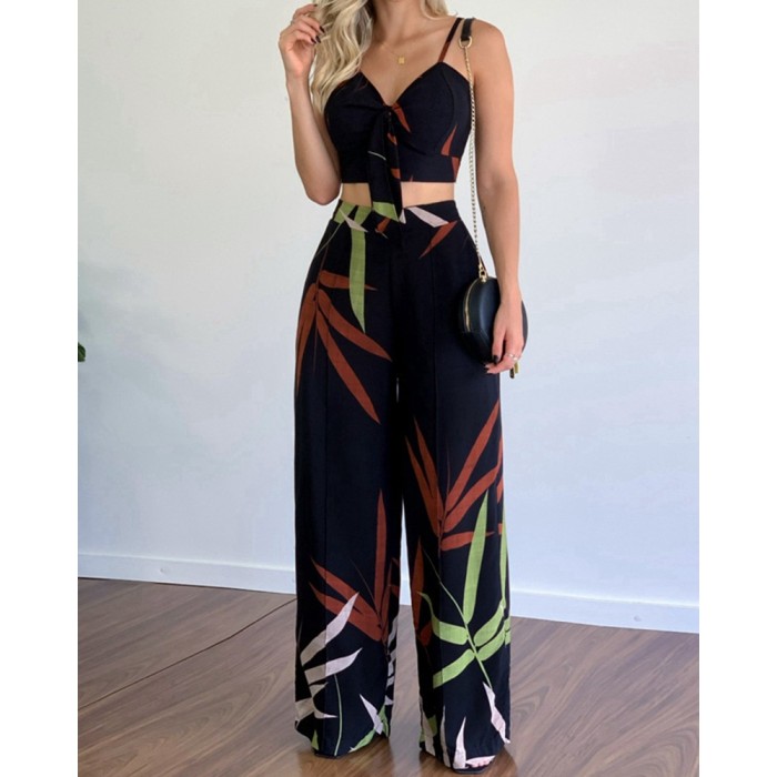 Women's Printed Casual Lace Back Top and High Waist Pants Two Pieces