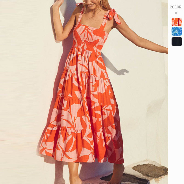 Summer Fashion Elegant Printed Sleeveless Backless Vacation Dress
