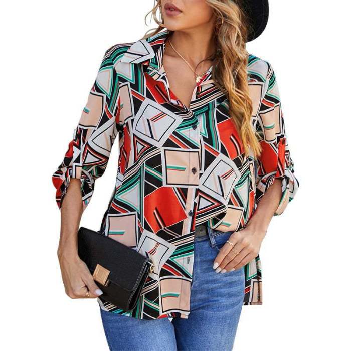 Fashion Print Stand Collar Single Breasted Loose Shirt
