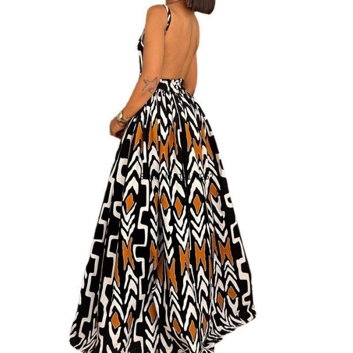 Women's Summer Spaghetti Strap Bohemian Print V Neck Maxi Dress