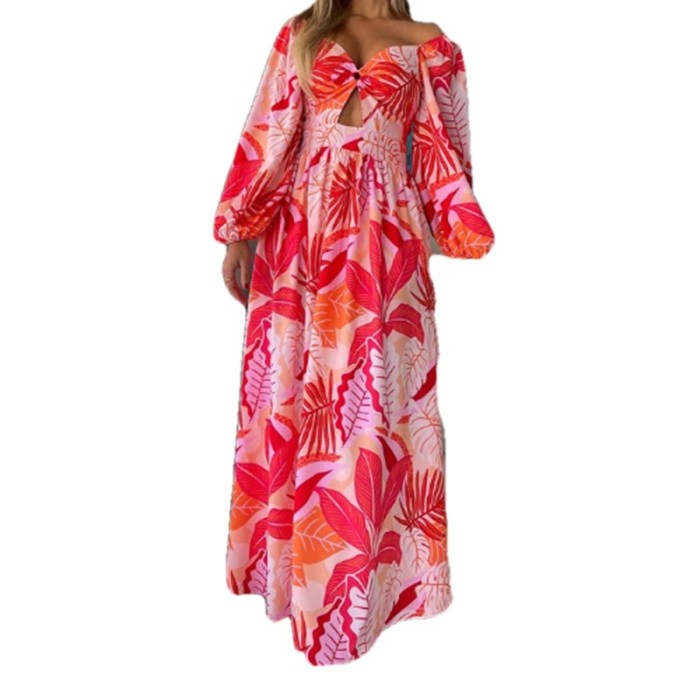 Women's Fashion Print Elegant Waist Open Sexy Swing  Maxi Dress