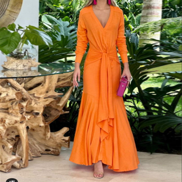 Elegant Solid Color V Neck Ruffle Waist Long Sleeve Maxi Dress