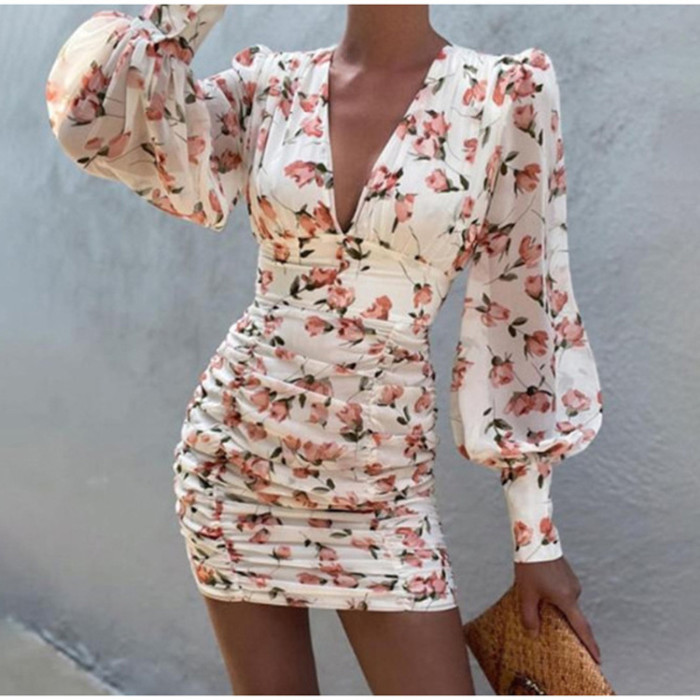 Printed Retro Fashion V-neck Balloon Sleeves Pleated Elegant Casual  Mini Dress