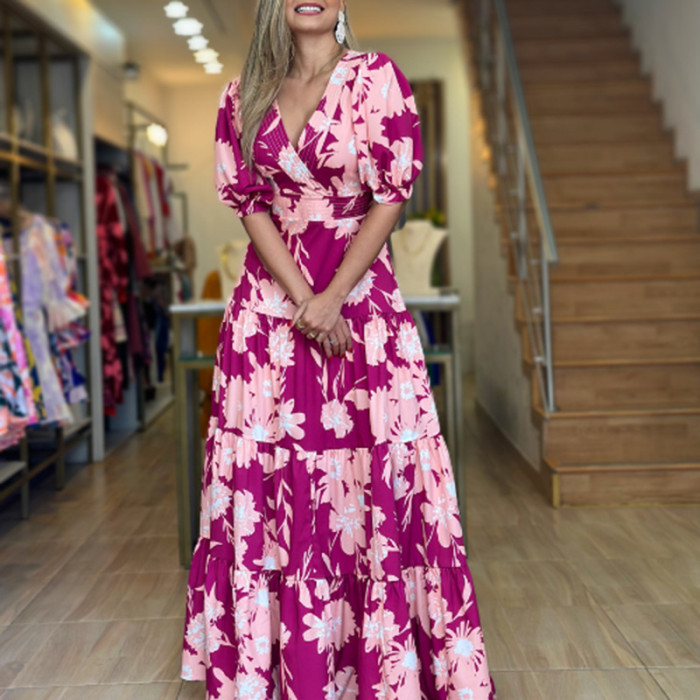 Boho Fashion Fashion Flower Print Sexy V Neck Long Sleeve Ruffle  Maxi Dress