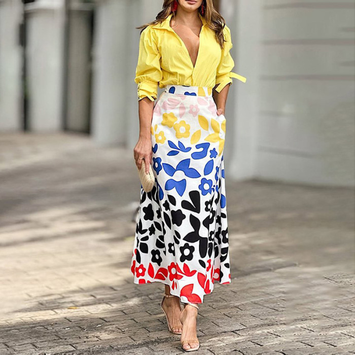 Women's Fashion Temperament Shirt Print Skirt Casual  Two Pieces