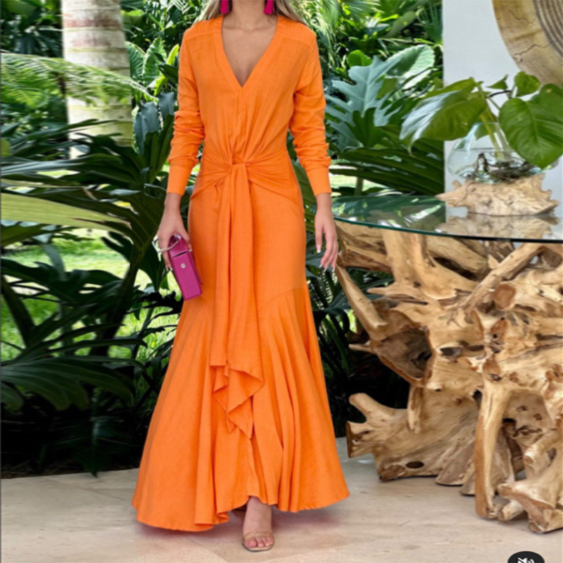 Elegant Solid Color V Neck Ruffle Waist Long Sleeve Maxi Dress