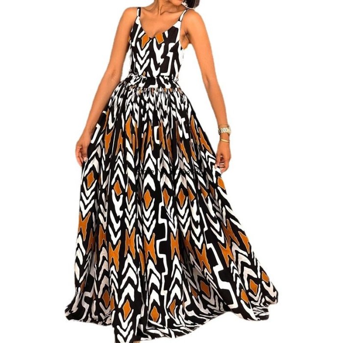 Women's Summer Spaghetti Strap Bohemian Print V Neck Maxi Dress