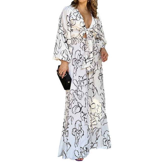 Women's Casual Graffiti Lace-up Hollow Trumpet Sleeve Loose Jumpsuit