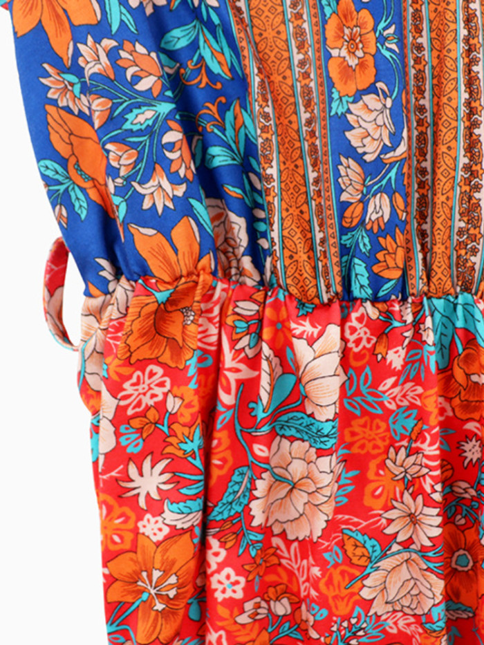 Fashion Summer V Neck Ruffle Sleeve Printed A Line Midi Dress