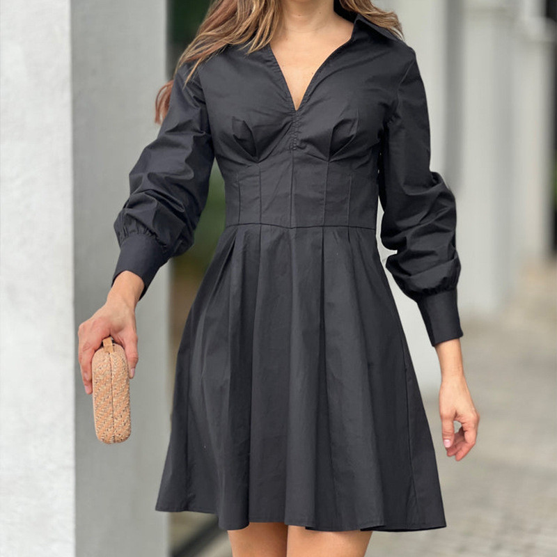 Women's Long Sleeve V Neck Shirt Collar Sexy Fashion Tight Mini Dress