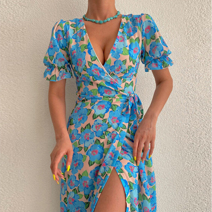 Summer Elegant and Sweet V-neck Slit Ties Sexy Slim  Vacation Dress