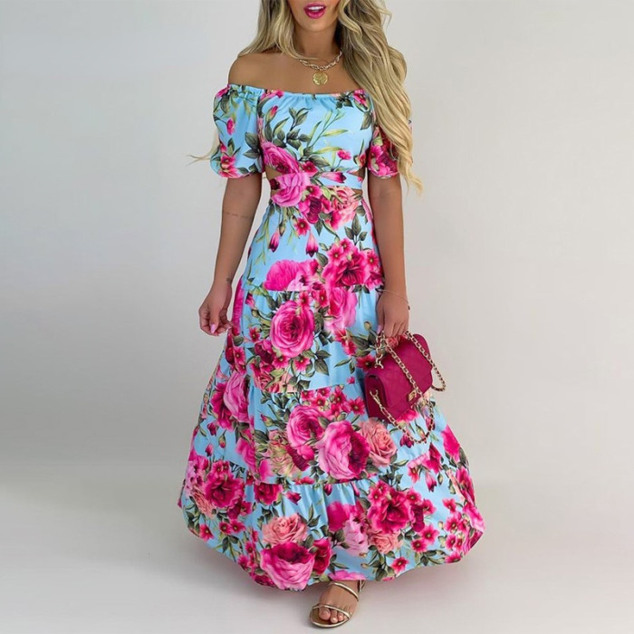 Casual  Slash Collar All Over Print Floral Off Shoulder Maxi A-line Maxi Dress