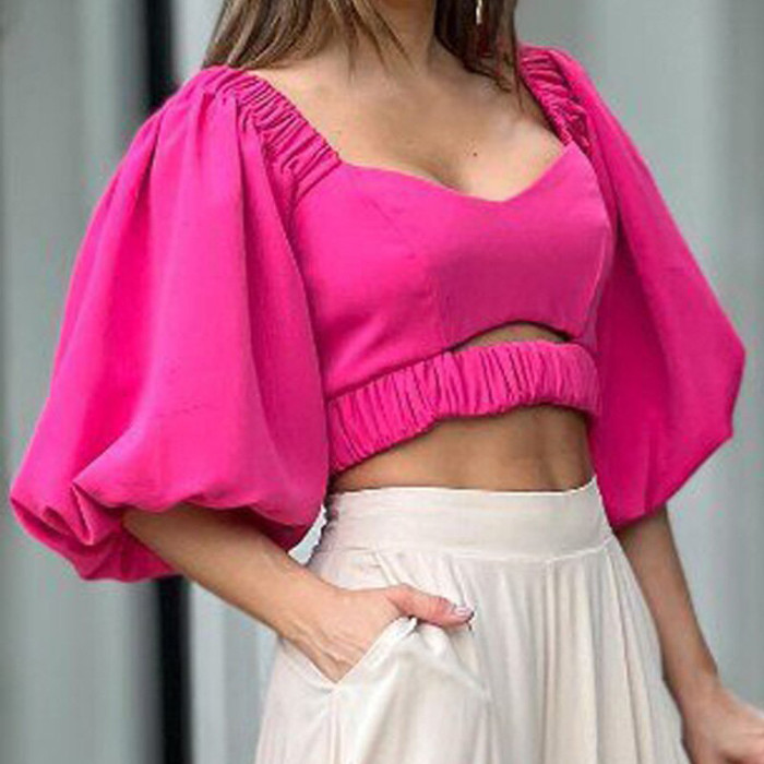 Women's Temperament Pure Color Puff Sleeve Top Wide Leg Pants Fashion Casual  Two Pieces