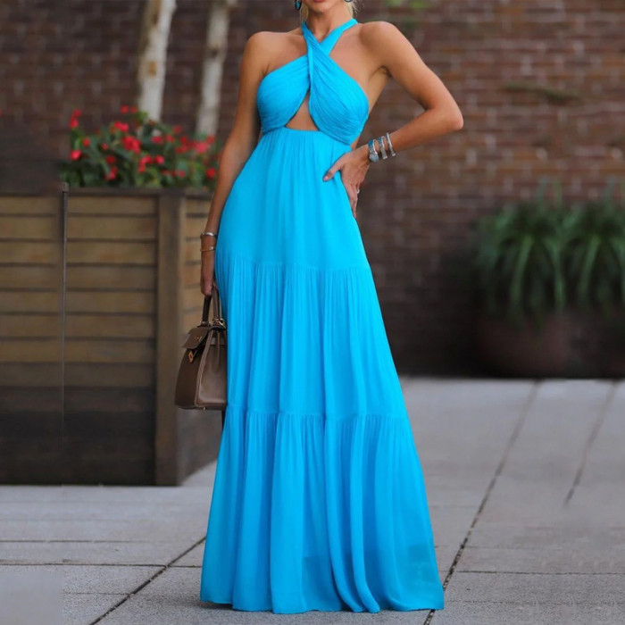 Women's Elegant Solid Color Sleeveless Tie Open Back Cutout  Maxi Dress