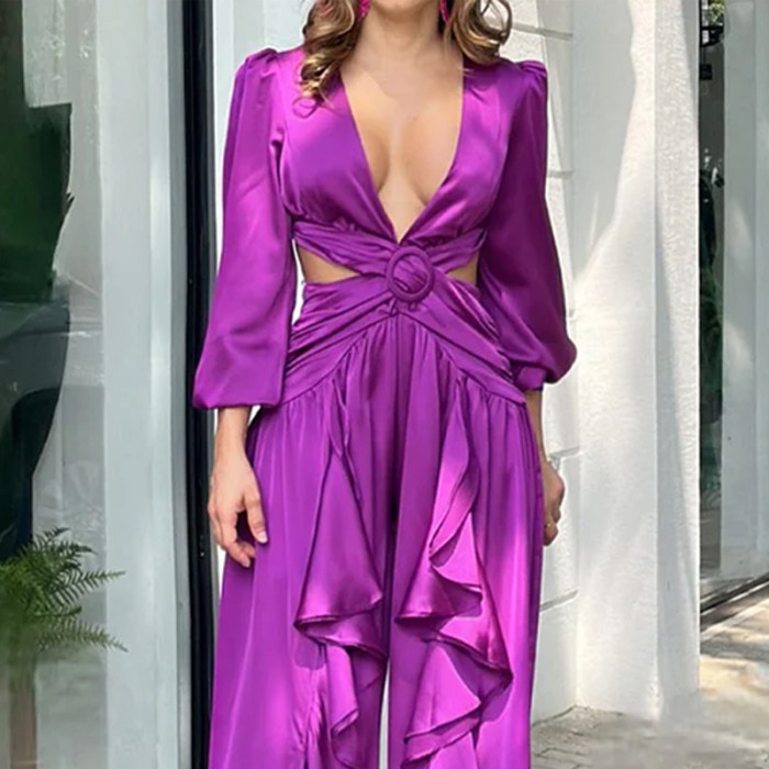 Fashion Sexy V Neck High Waist Solid Color Pleated Loose Wide Leg Jumpsuit