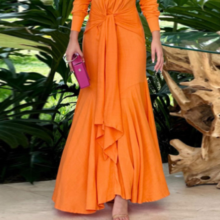 Elegant Solid Color V Neck Ruffle Waist Long Sleeve Maxi Dress