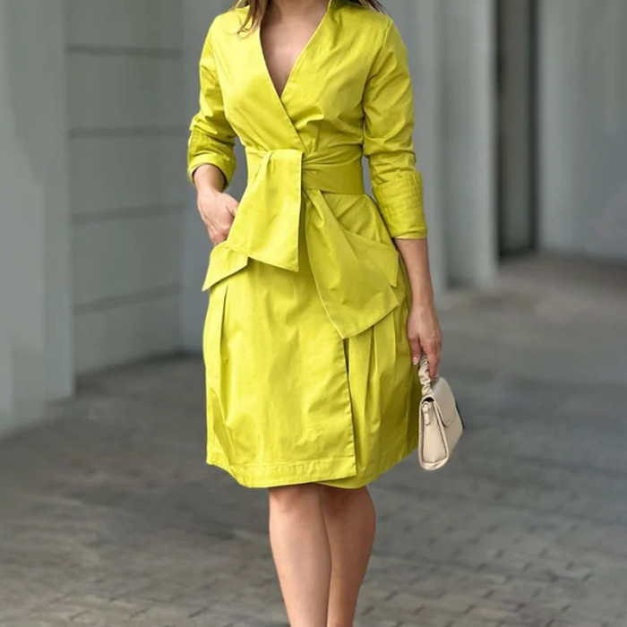 New Women's Suit Dress Fashion Commuter Solid V-Neck Lace-up Midi Dress