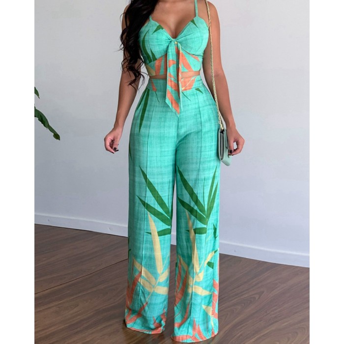 Women's Printed Casual Lace Back Top and High Waist Pants Two Pieces
