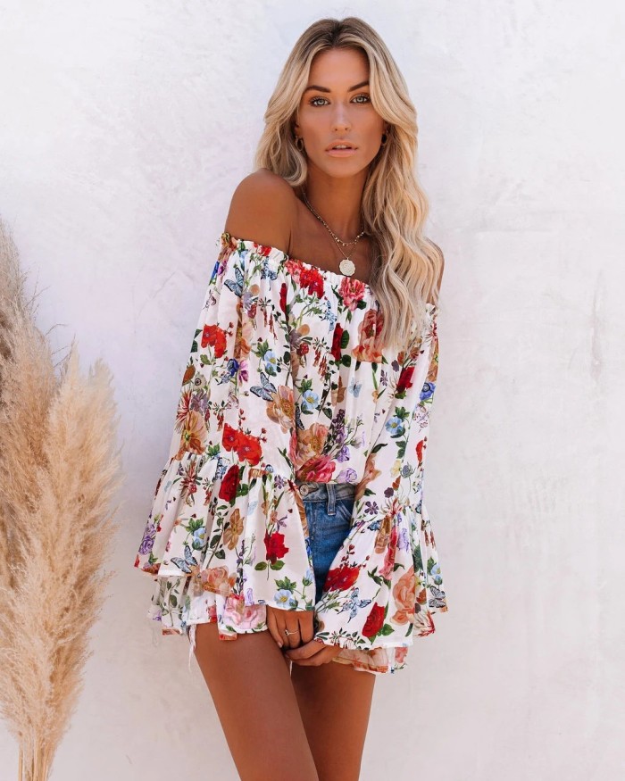 Fashion Printed Bohemian Off Shoulder Dolman Sleeve Top Shirt