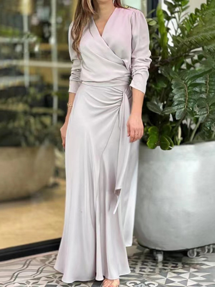 Trendy Pleated Irregular Elegant Solid Color Sexy V Neck Party  Maxi Dress