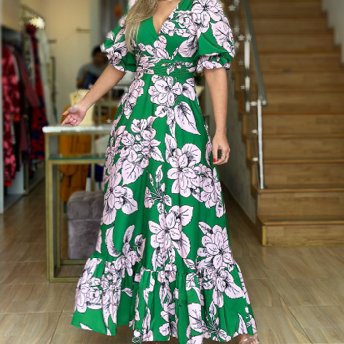 Women's Fashion Casual Puff Sleeve Print Ruffle  Maxi Dress