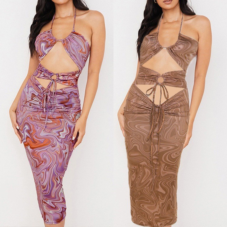 Summer Fashion Irregular Printed Halter Neck Sleeveless Backless Sheath Vacation Dress