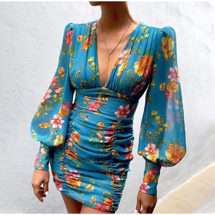 Printed Retro Fashion V-neck Balloon Sleeves Pleated Elegant Casual  Mini Dress