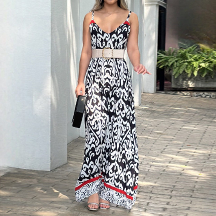 Fashion Personality Print Loose Wide Leg Suspenders Open Back Jumpsuit