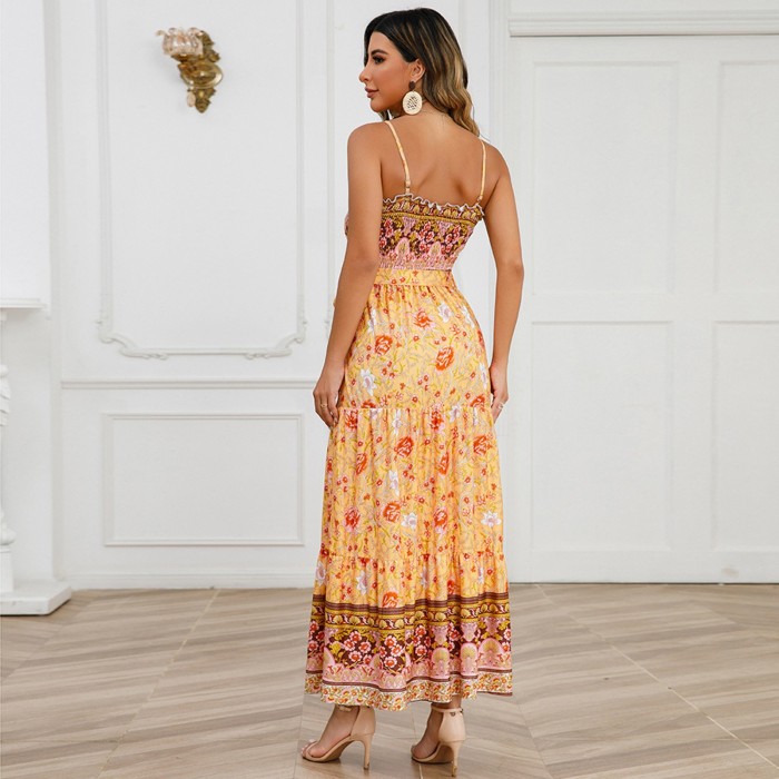 Floral Wrapped Chest Sexy Off-shoulder Strap Casual Elegant  Maxi Dress