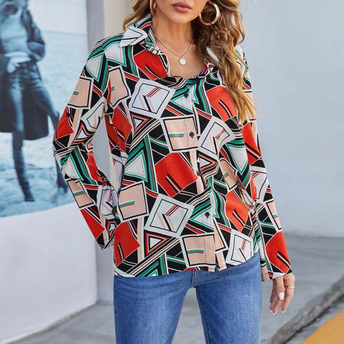 Fashion Print Stand Collar Single Breasted Loose Shirt