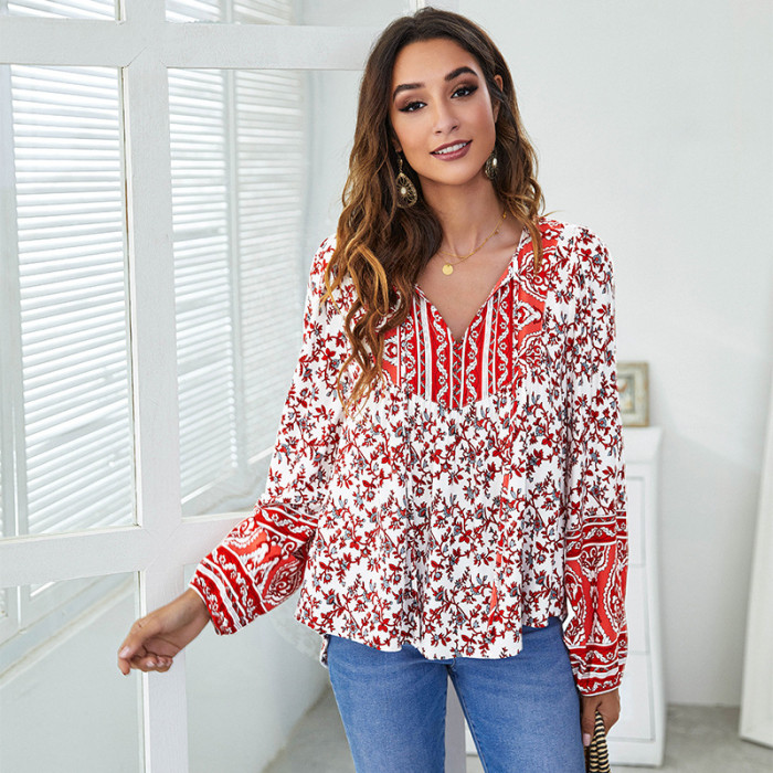 Women's Printed Fashion V Neck Long Sleeve Loose Casual Vintage Chic Shirt Top