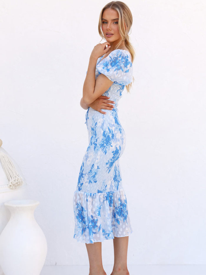 Elegant Printed Puff Sleeves Backless Fishtail Ruffles Slit Lace  Bodycon Dress