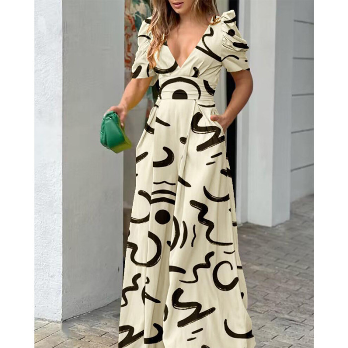 Fashion Casual Abstract Print Puff Sleeve Deep V Wide Leg Jumpsuit