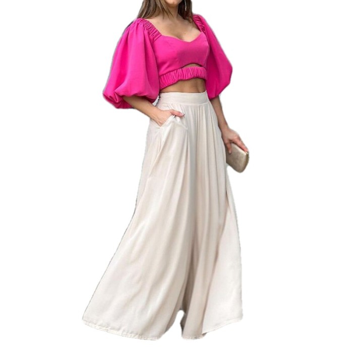 Women's Temperament Pure Color Puff Sleeve Top Wide Leg Pants Fashion Casual  Two Pieces