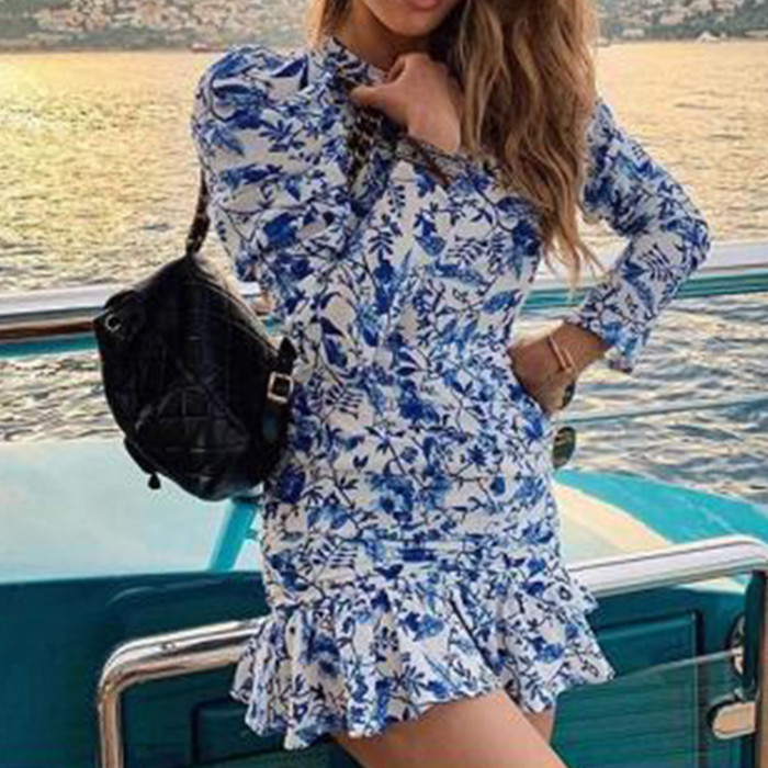 Women's Fashion Sexy Slim Ruffle Floral Casual  Mini Dress