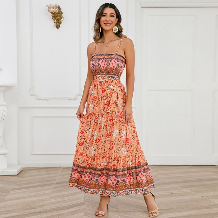 Floral Wrapped Chest Sexy Off-shoulder Strap Casual Elegant  Maxi Dress