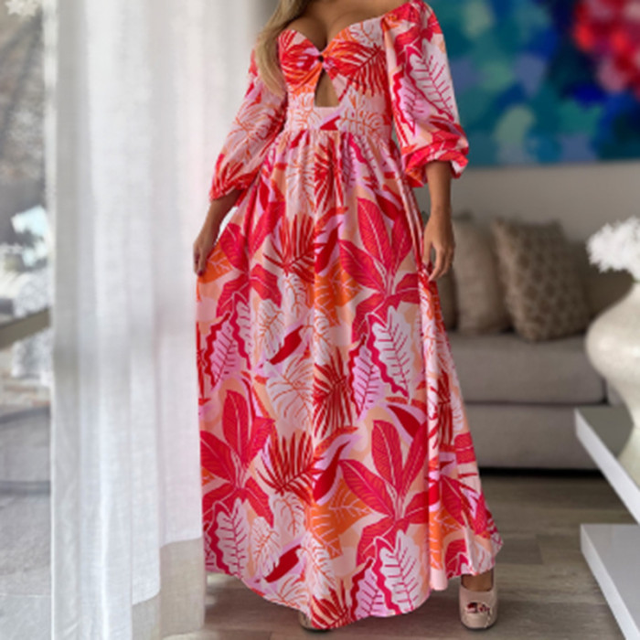 Women's Fashion Print Elegant Waist Open Sexy Swing  Maxi Dress