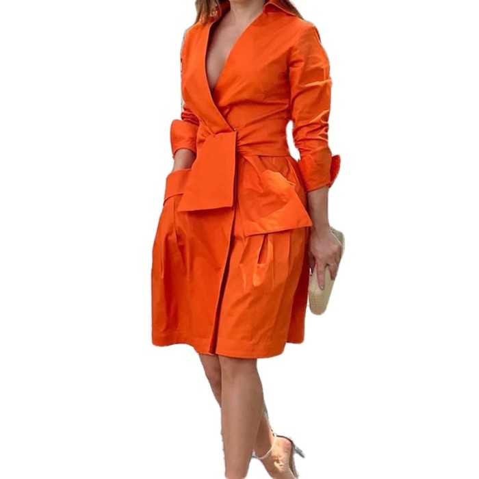 New Women's Suit Dress Fashion Commuter Solid V-Neck Lace-up Midi Dress