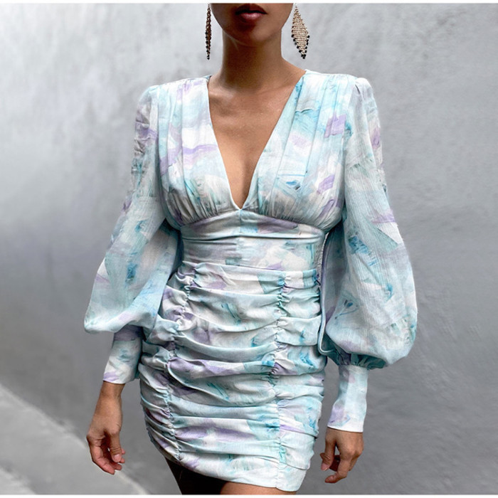 Printed Retro Fashion V-neck Balloon Sleeves Pleated Elegant Casual  Mini Dress