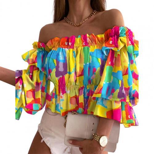 Off Shoulder Layered Top Colorful Pleated Bell Sleeve Date Top Shirt