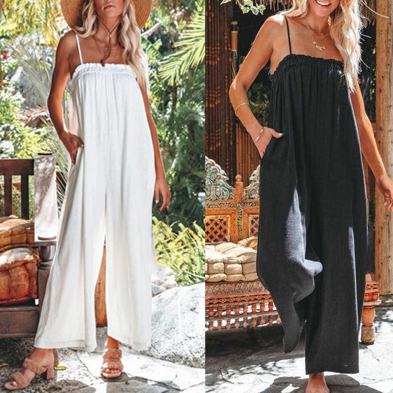 Women's Casual Loose Summer Solid Color Wide Leg Jumpsuit