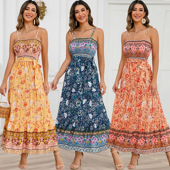 Floral Wrapped Chest Sexy Off-shoulder Strap Casual Elegant  Maxi Dress