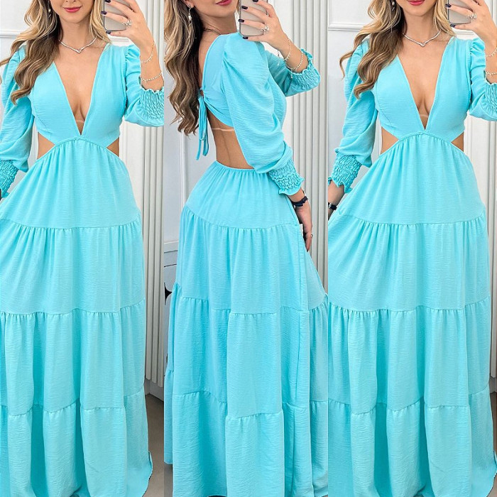 Summer Pure Color Temperament Elegant Sexy V Neck Hollow  Maxi Dress
