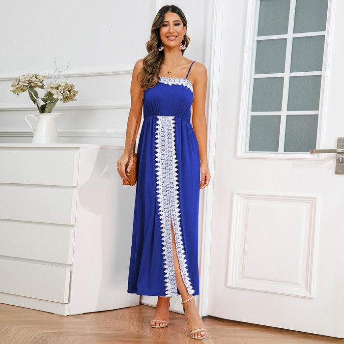 Elegant Lace Suspender Dress Temperament Party Slit  Midi Dress
