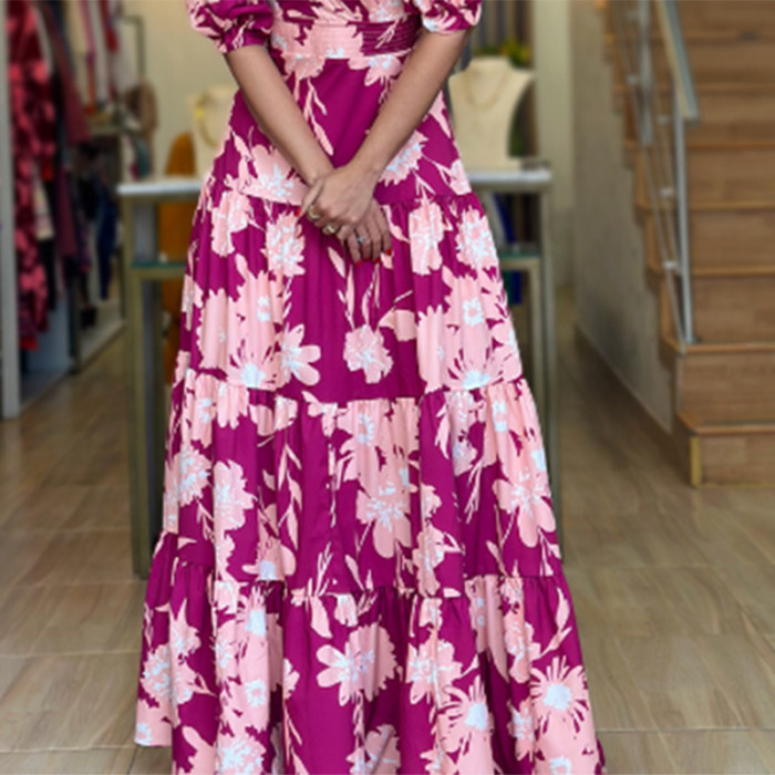 Boho Fashion Fashion Flower Print Sexy V Neck Long Sleeve Ruffle  Maxi Dress